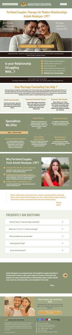 The Portland landing page for couples therapy, a long page in sage green and orange with a hero photo, specialties, an advisor section and frequently asked questions.
