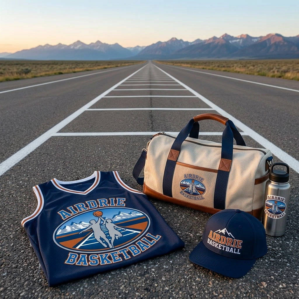 Airdrie Basketball merchandise on a prairie road at sunset with mountains behind: a navy jersey, a duffel bag, a cap and a water bottle, all with the oval mountain and player logo.