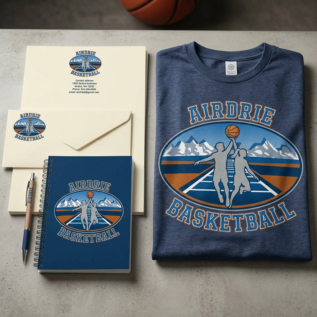 Cream letterhead, envelope and a blue notebook with a pen beside a navy t-shirt, all printed with the Airdrie Basketball logo.