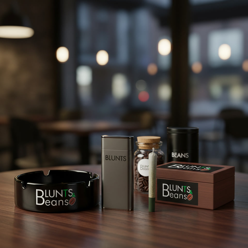 Blunts and Beans products on a dark wooden table: a black ashtray, a metal case, a coffee jar, a black tin and a wooden box with the logo.