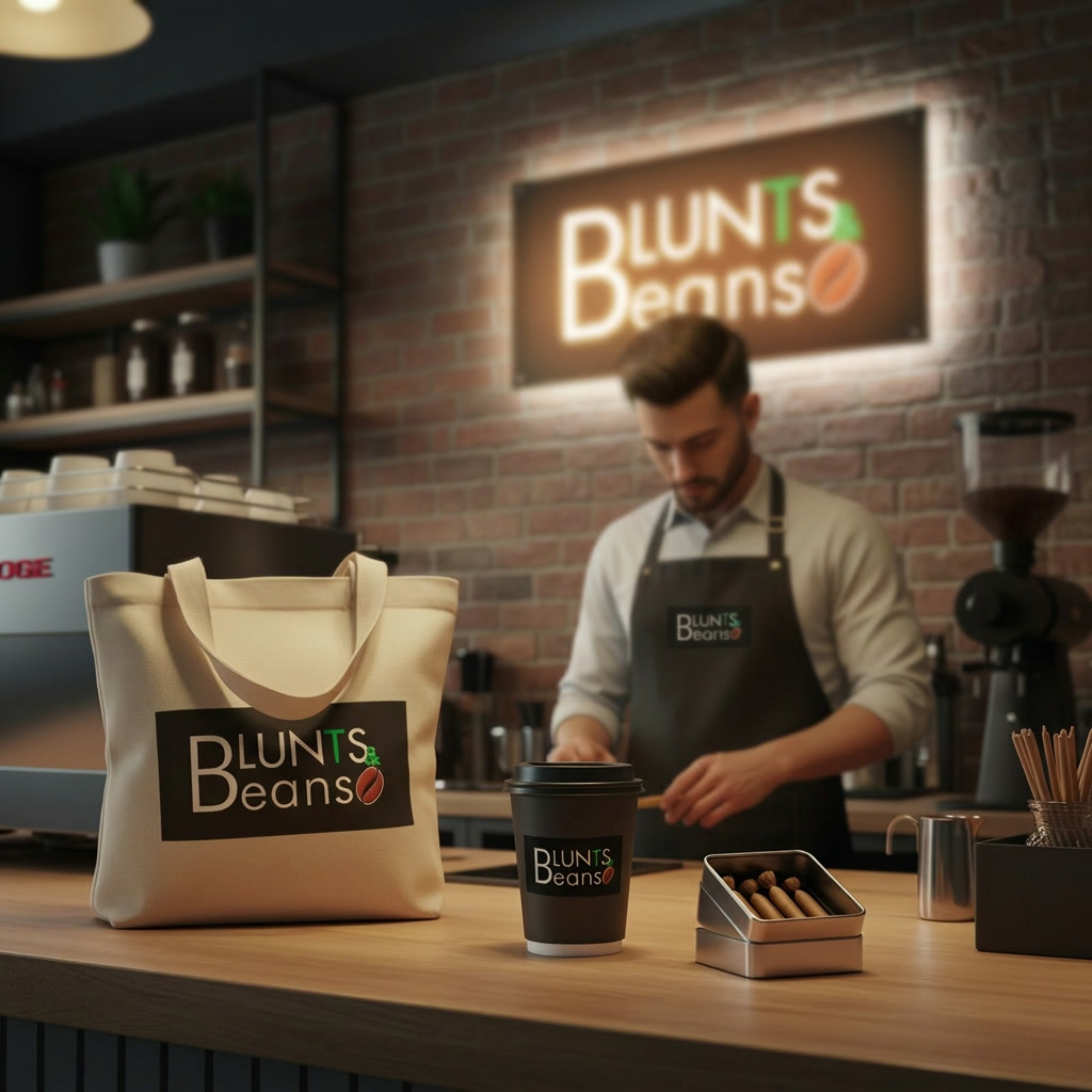 A barista in a Blunts and Beans apron under a lit brick-wall sign, with a canvas tote bag and a coffee cup printed with the logo.