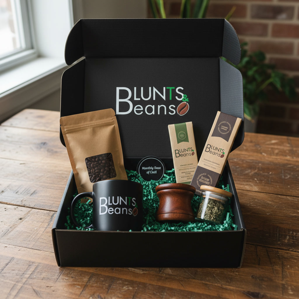 An open black subscription box with the Blunts and Beans logo, holding a coffee bag, a black mug, a wooden grinder, a jar and two small cartons on green paper shred.