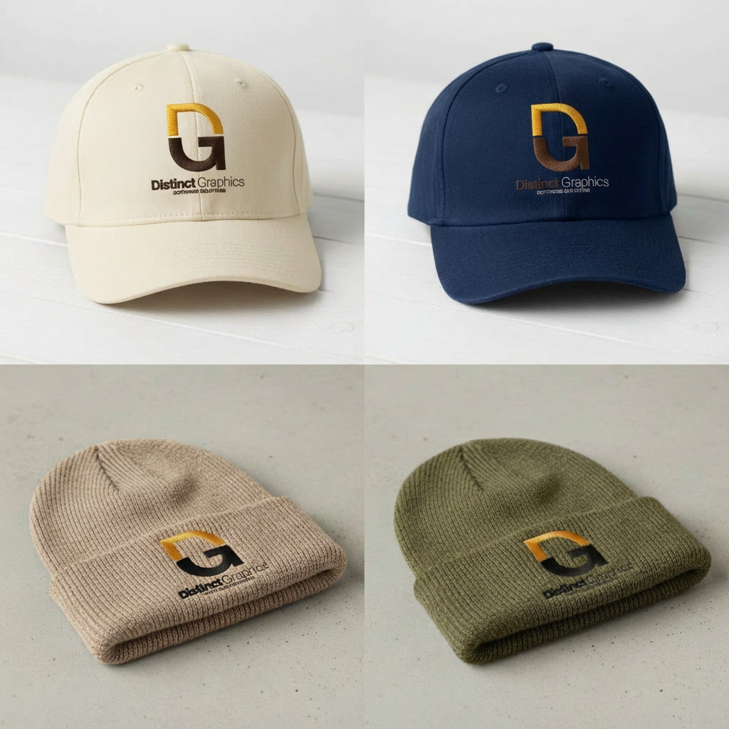 A cream cap, a navy cap, a tan beanie and an olive beanie, each embroidered with the Distinct Graphics DG logo.