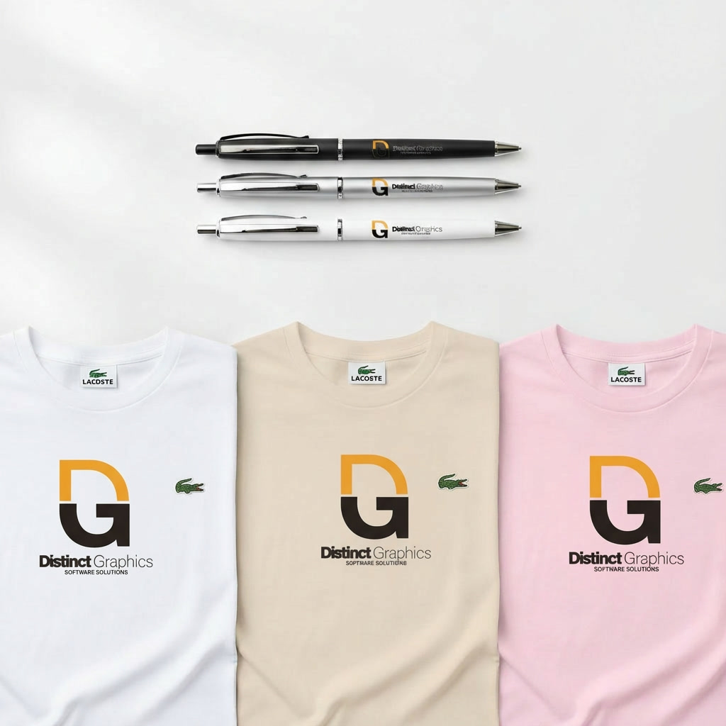 Three pens in black, silver and white, and three folded t-shirts in white, beige and pink, all printed with the Distinct Graphics DG logo.