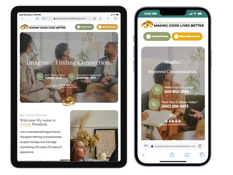 The Azizeh Rezaiyan Couples Therapy website shown on a tablet and a phone, with the headings Imagine, Finding Connection and Imagine, Improved Communication.