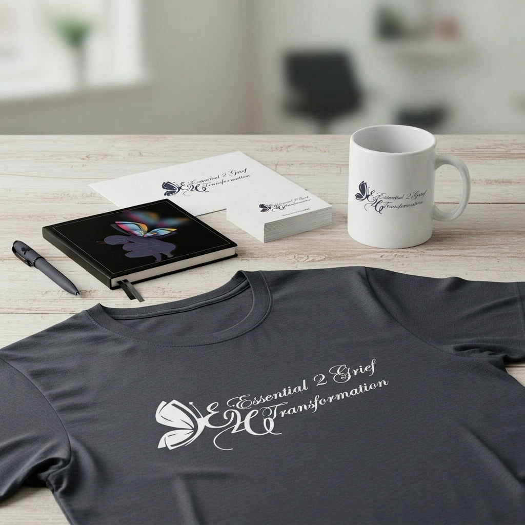A charcoal t-shirt printed with the Essential 2 Grief Transformation logo in white, beside a notebook, stationery and a mug on a wooden desk.