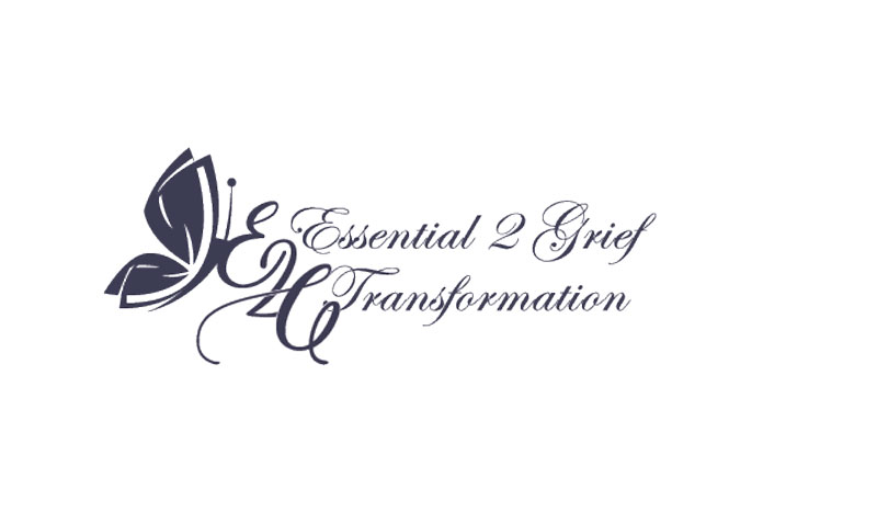 The full Essential 2 Grief Transformation logo: a navy butterfly with E2G initials and flowing script lettering on white.