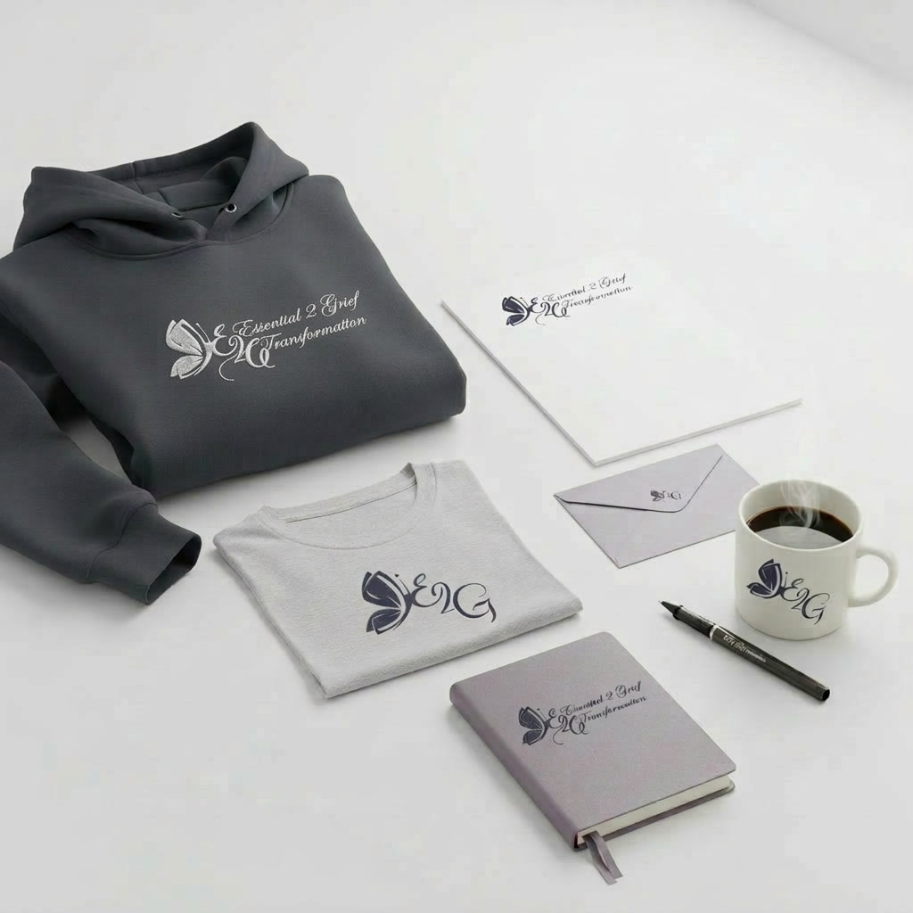 A grey hoodie, grey t-shirt, letterhead, envelope, coffee mug, pen and notebook printed with the Essential 2 Grief Transformation logo.