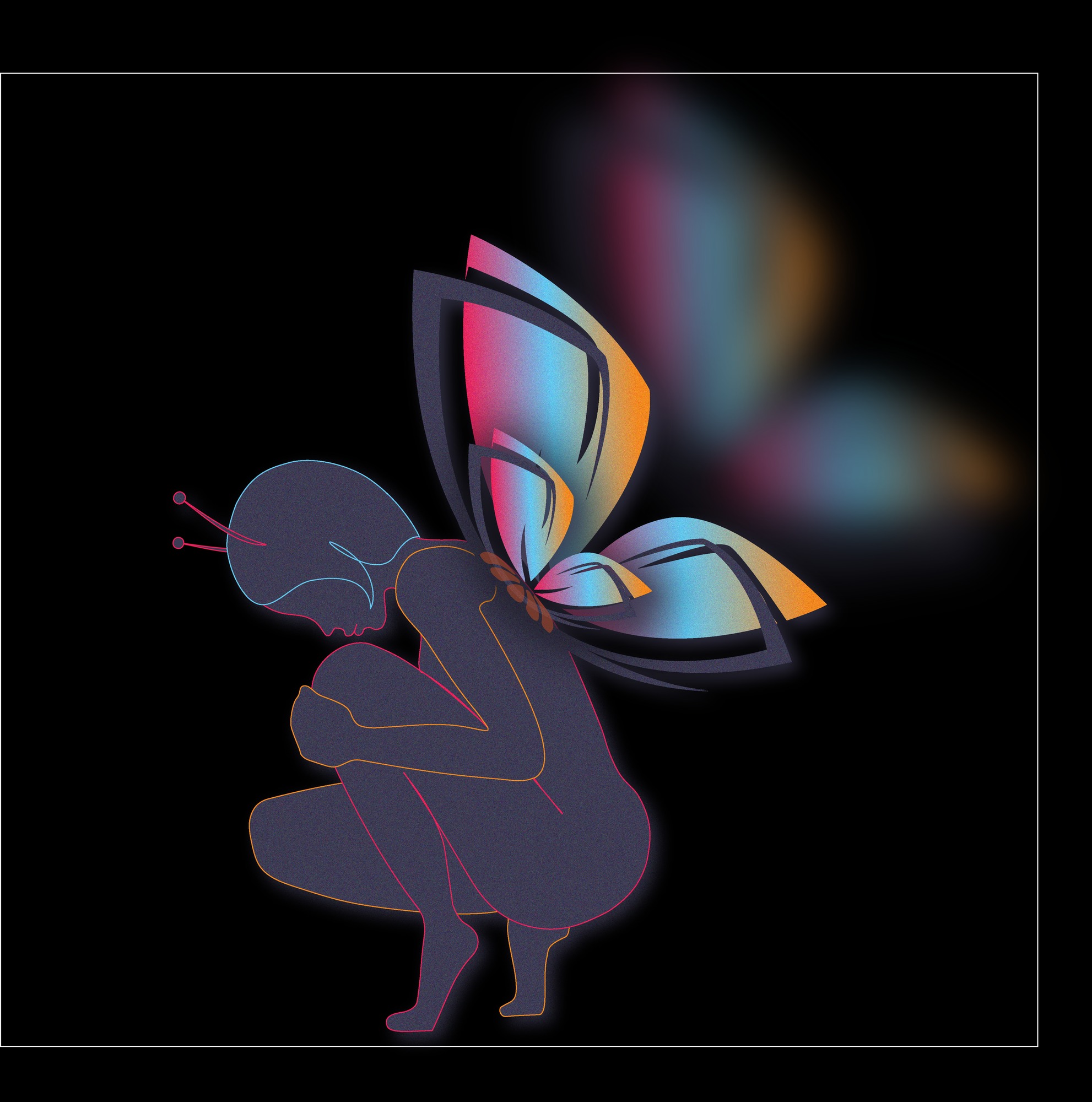 The Essentials to Grief butterfly mark: a crouching figure with colourful butterfly wings in blue, pink and orange on a black background.
