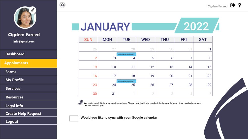 Client dashboard, Appointments tab: a January 2022 calendar with booked sessions and an option to sync with Google Calendar.