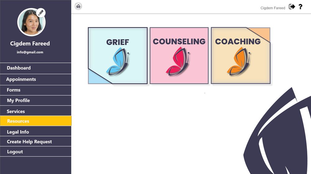 Client dashboard, Resources tab: three butterfly tiles labelled Grief, Counseling and Coaching.