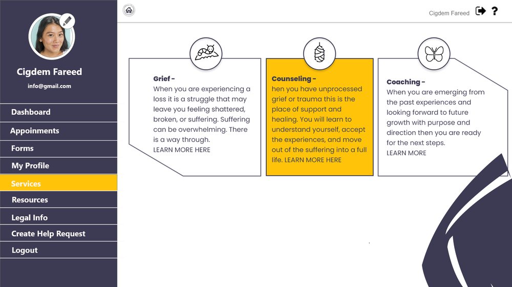 Client dashboard, Services tab: three service cards for Grief, Counseling and Coaching, with the counseling card highlighted.