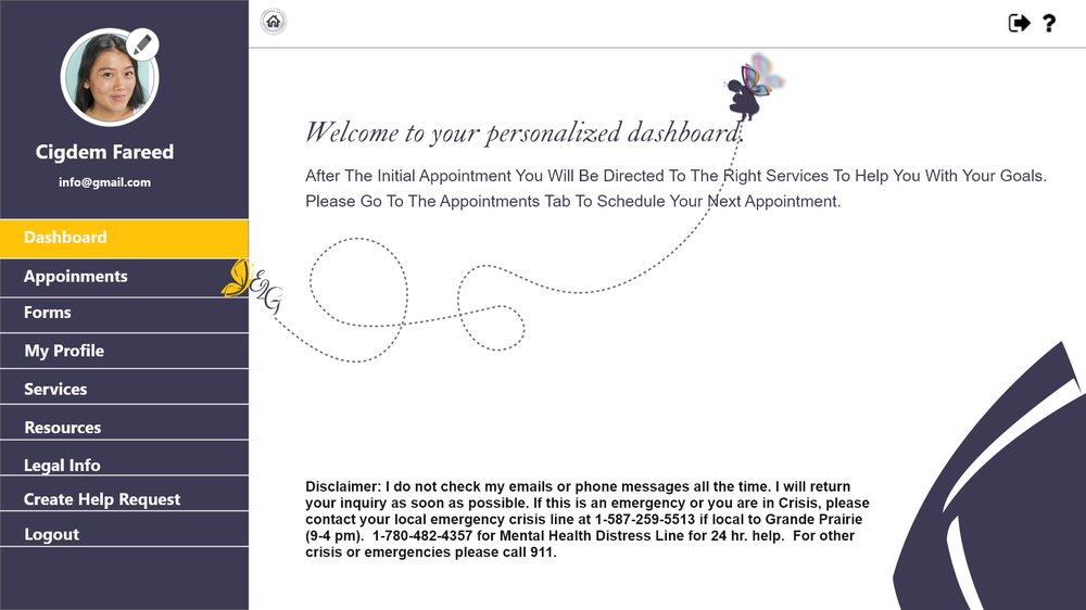 Client dashboard, Dashboard tab: a welcome to your personalized dashboard message, next-step guidance and a crisis support disclaimer.