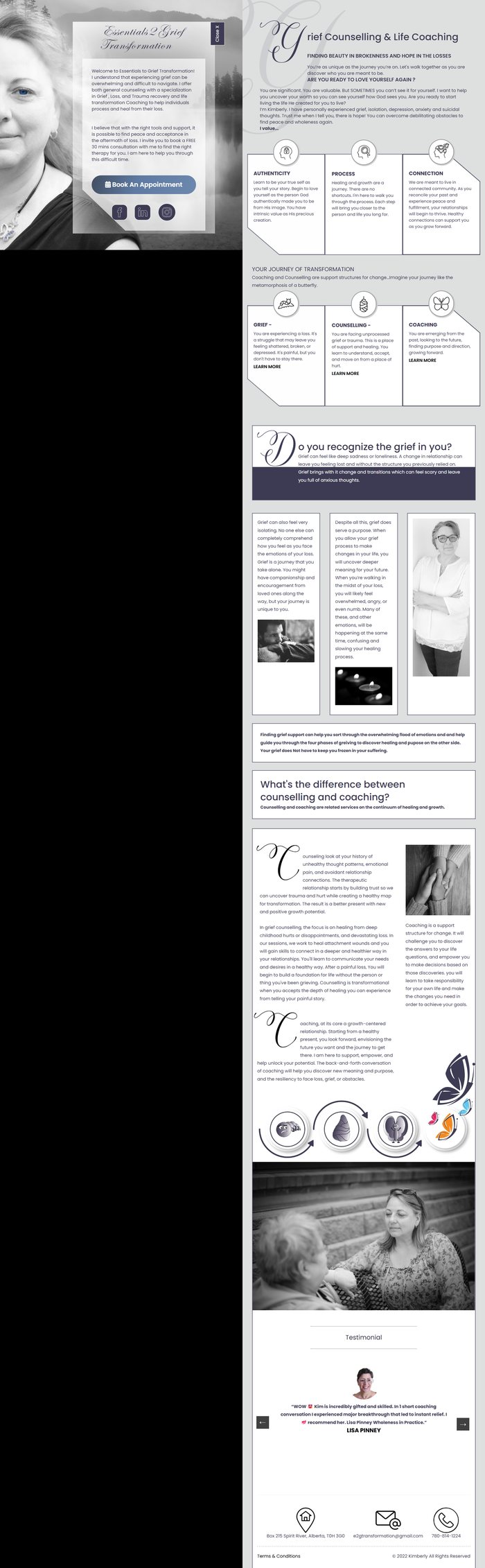 The full home page of the Essentials 2 Grief Transformation website, shown as one long strip: the hero with a portrait and welcome panel, the Grief Counselling and Life Coaching introduction, three service cards, the journey of transformation, and a section titled Do you recognize the grief in you.