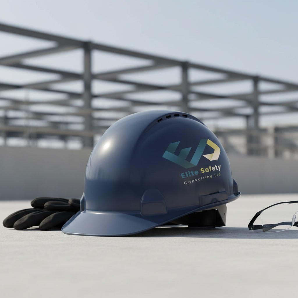 A navy safety helmet with the Elite Safety Consulting Ltd logo, resting on a concrete surface beside gloves and safety glasses, with a steel structure behind.