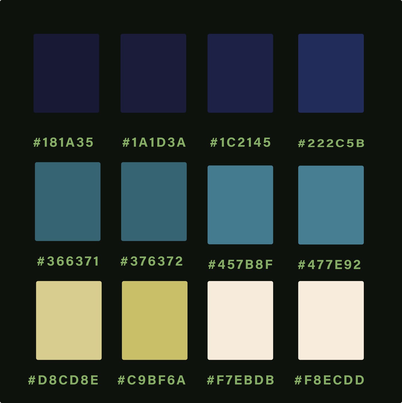 The Elite Safety colour palette: four navy blues (#181A35, #1A1D3A, #1C2145, #222C5B), four teal blues (#366371, #376372, #457B8F, #477E92), and four sand and cream tones (#D8CD8E, #C9BF6A, #F7EBDB, #F8ECDD).