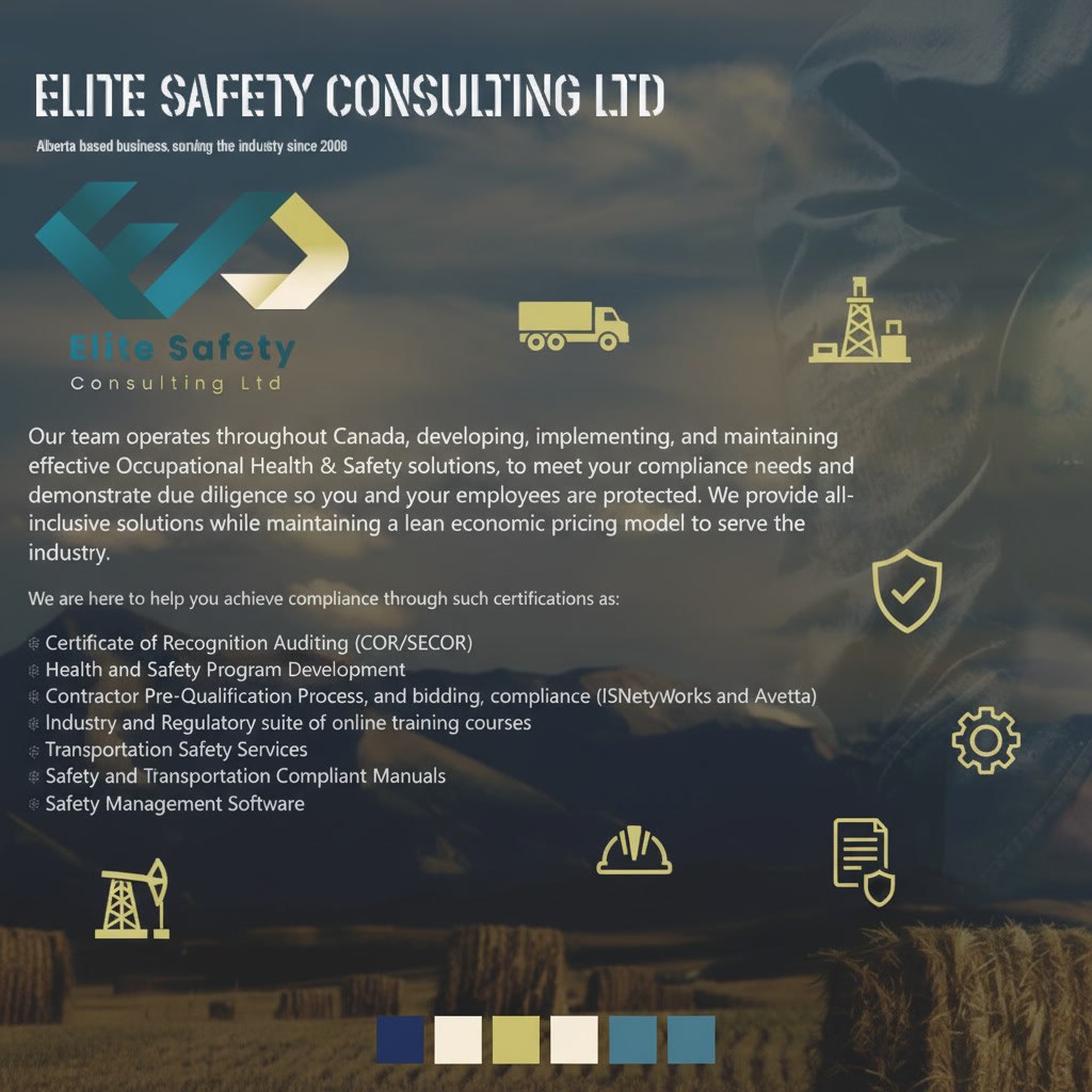 Elite Safety Consulting Ltd corporate poster over a harvest field at dusk: the logo, a list of compliance services including COR auditing, and a row of colour swatches.