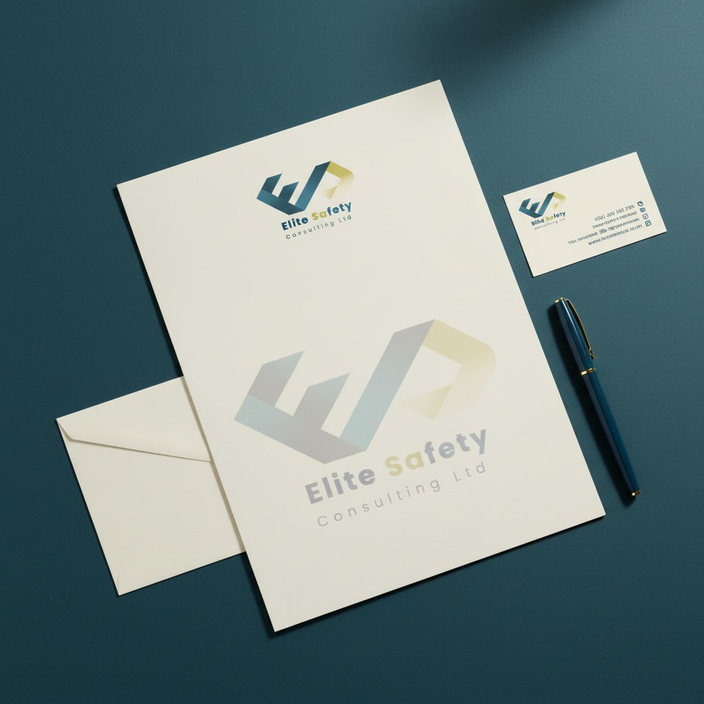 Elite Safety stationery on a deep teal surface: a letterhead, an envelope and a business card with the logo, and a pen.