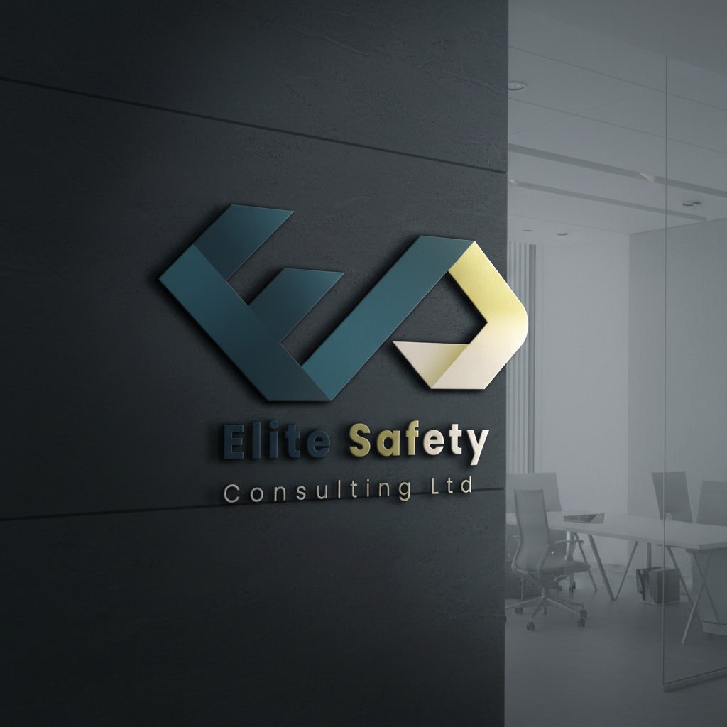 The Elite Safety Consulting Ltd geometric logo mark in teal and gold on a dark office wall.