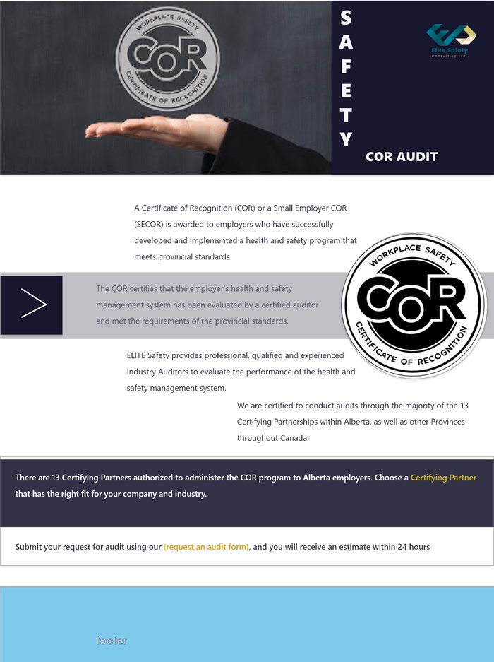 COR Audit page: a hand holding a Certificate of Recognition seal, an explanation of the COR certification and audit process, and a request-an-audit form prompt.