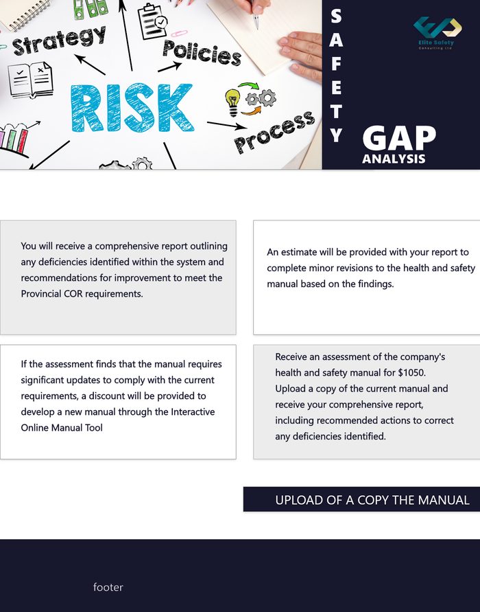 Gap Analysis page: a risk and strategy graphic, an explanation of the gap analysis report, and an option to upload a copy of the manual.