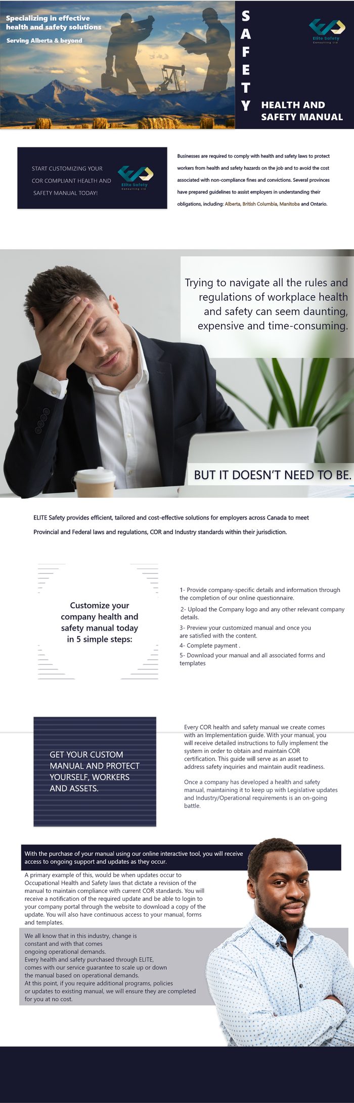 Safety Manual page: a banner reading Health and Safety Manual, a stressed man at a laptop under the line But it doesn't need to be, an explanation of the custom manual tool, and a smiling advisor at the bottom.