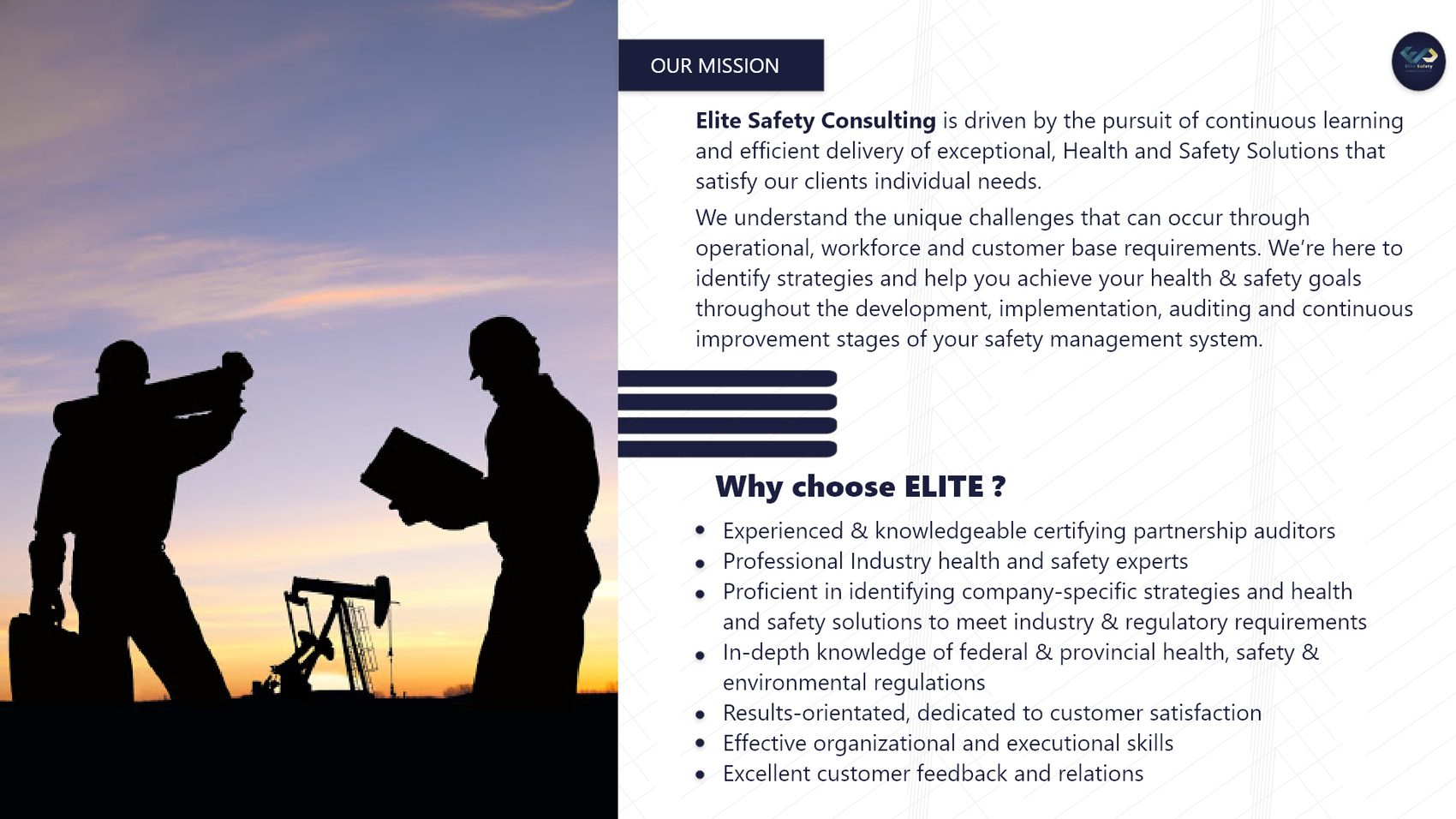 Our Mission page: two workers in silhouette at sunset beside an oil pump jack, next to the Elite Safety Consulting mission statement and a list of reasons to choose Elite.