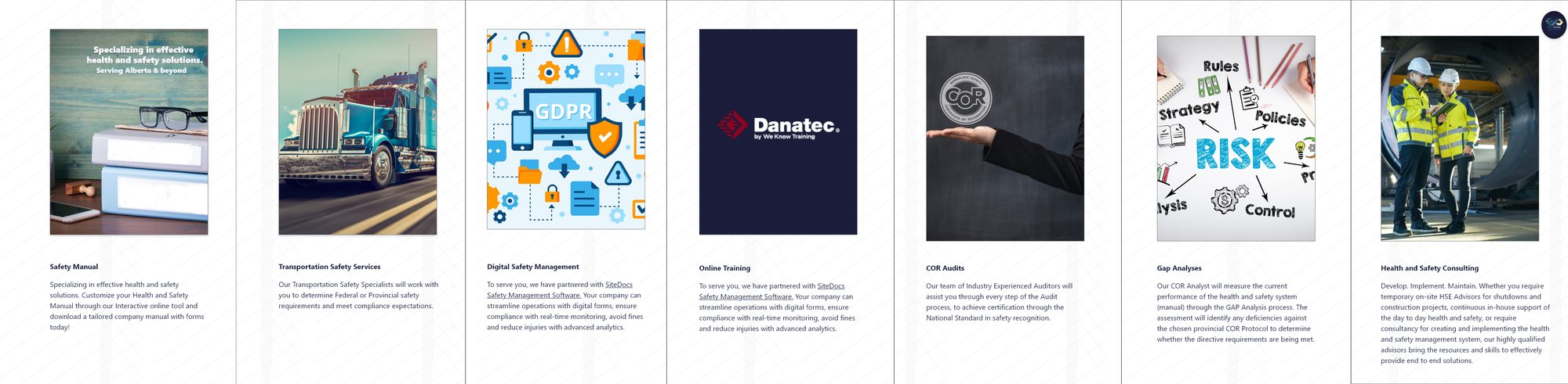 Seven of the service pages side by side: Safety Manual, Transportation Safety Services, Digital Safety Management, Online Training, COR Audits, Gap Analyses, and Health and Safety Consulting.