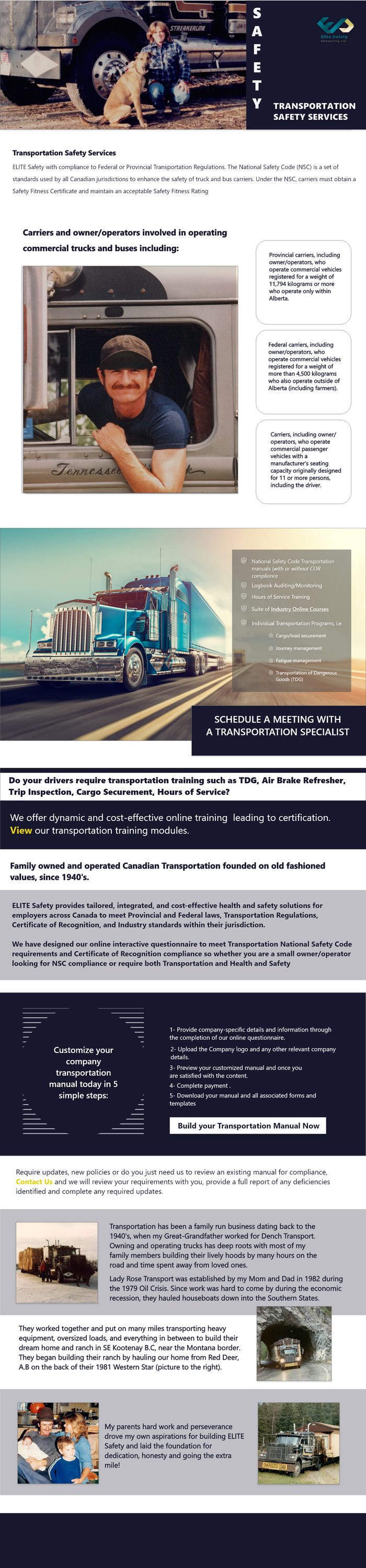 Transportation Safety page: a long page with a transport safety header, photos of a driver and a truck, and sections explaining the transportation safety services.