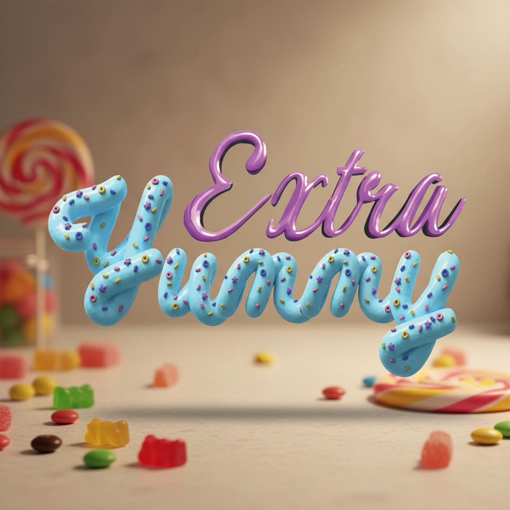 The Extra Yummy logo as 3D lettering, Extra in glossy purple and Yummy in sky blue icing with sprinkles, surrounded by lollipops and sweets.