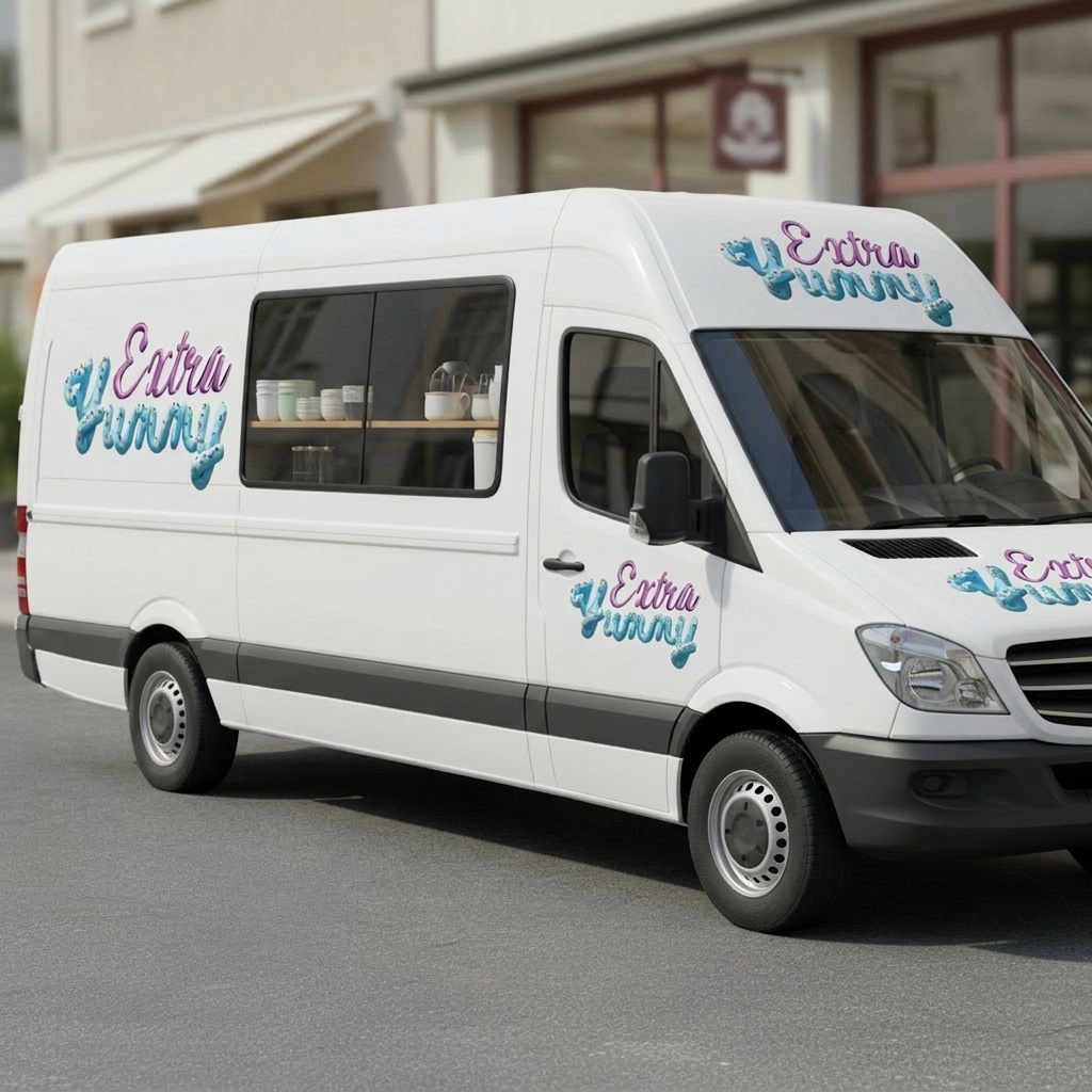 A white delivery van with the Extra Yummy logo in blue and purple script on the side, door, roof and front, parked on a street.
