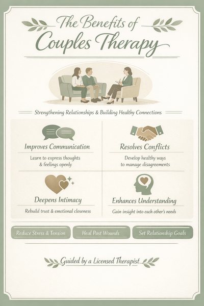 Infographic: The Benefits of Couples Therapy, in cream and sage.