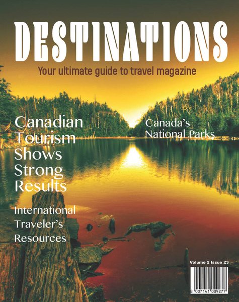 Destinations magazine cover with a lake at sunset and a heading about Canada's natural beauty.