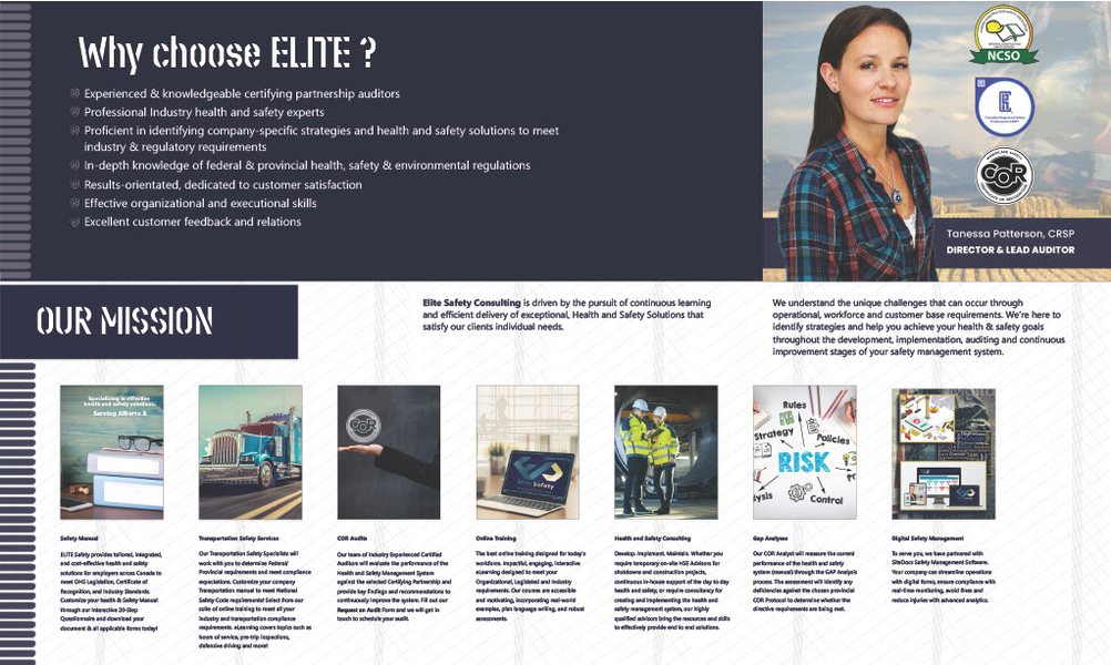 Elite Safety flyer page: Why choose Elite, with a director and lead auditor and an our mission section.