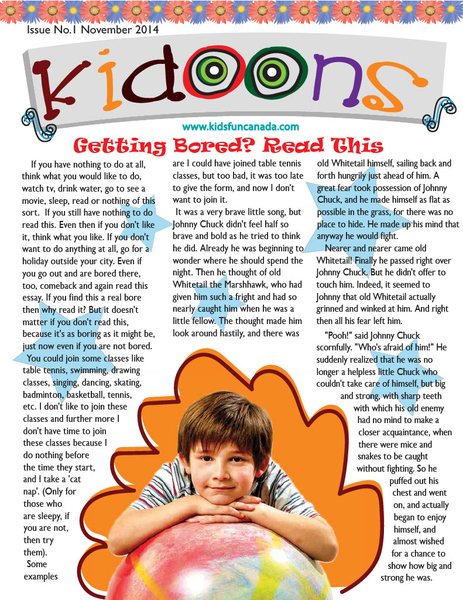 Kidoons children's magazine page with a smiling child and colourful snowflakes.