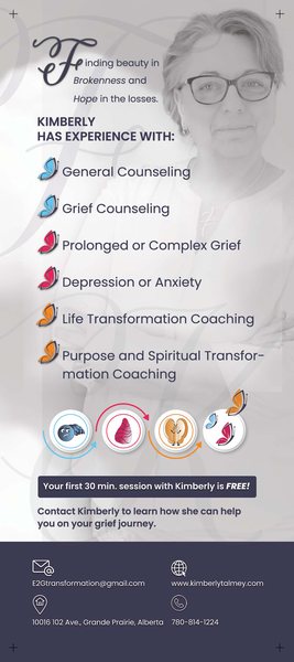 Flyer for a grief counsellor listing services such as general counselling, grief counselling and life transformation coaching.