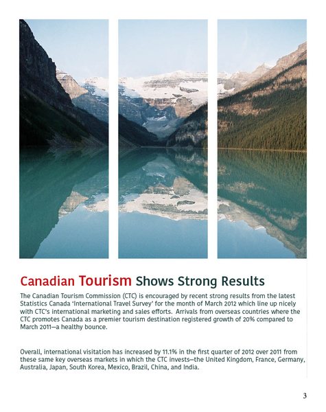 Brochure page with a turquoise mountain lake photo and a heading about Canadian tourism.