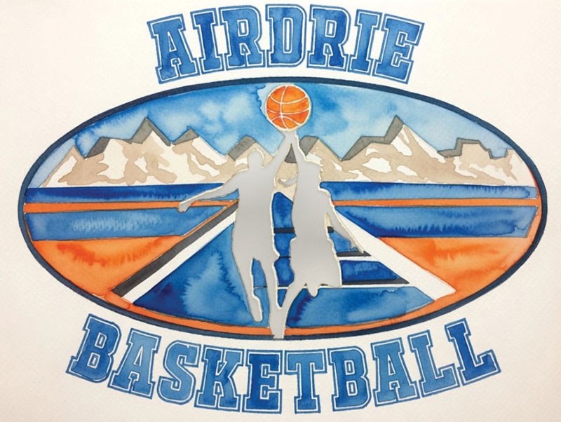 Airdrie Basketball logo: two players leaping under mountain peaks inside an oval badge.