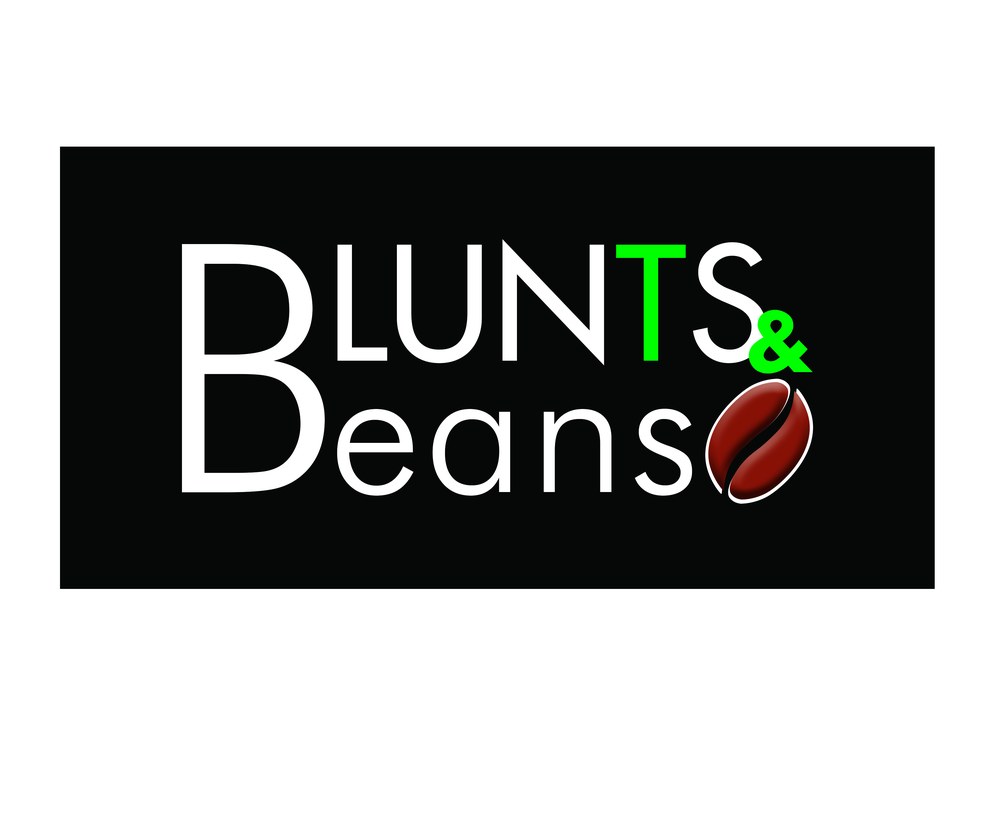 Blunts and Beans logo: white lettering on a black rectangle with a coffee bean.