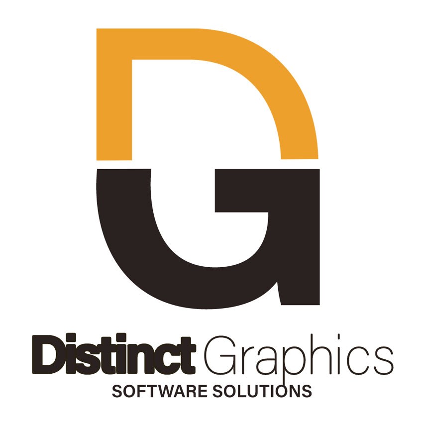 Distinct Graphics Software Solutions logo: a D and G monogram in orange and brown.