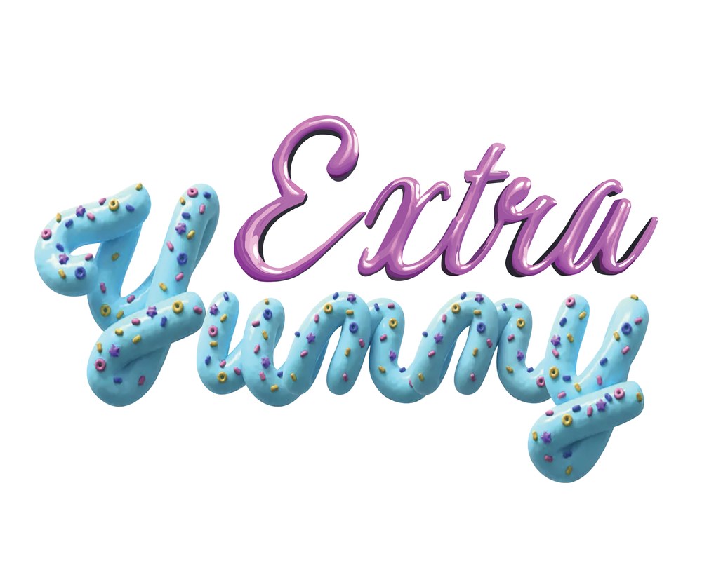 Extra Yummy logo: playful three-dimensional lettering in pink and sprinkled blue icing.
