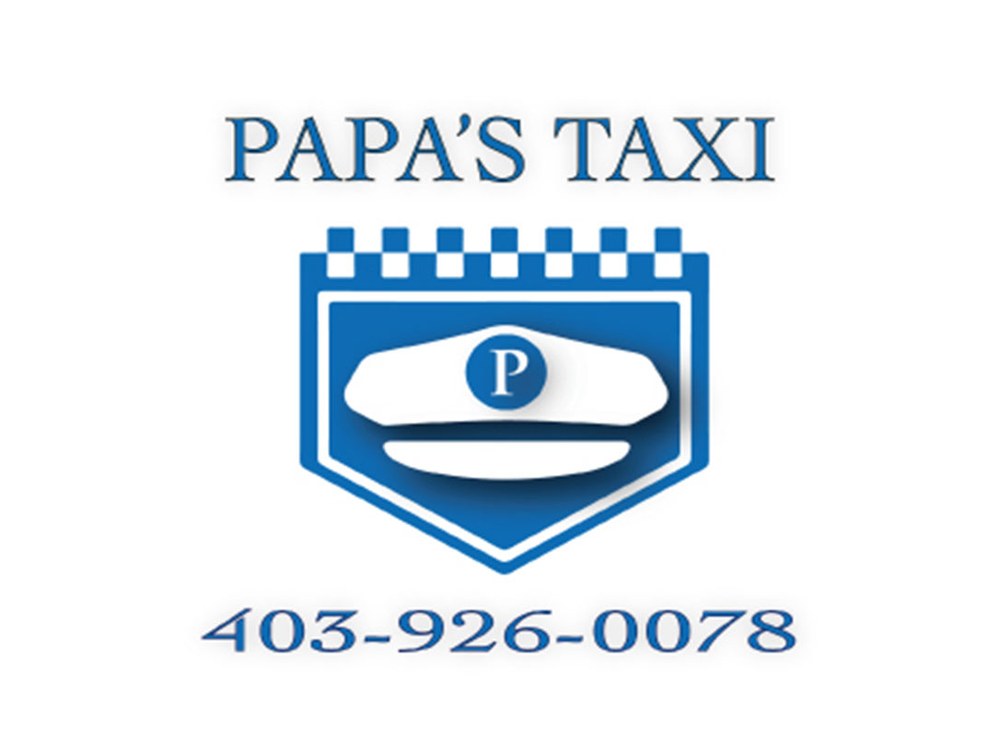 Papa's Taxi logo: a blue shield with a driver's cap and a checkered band above a phone number.
