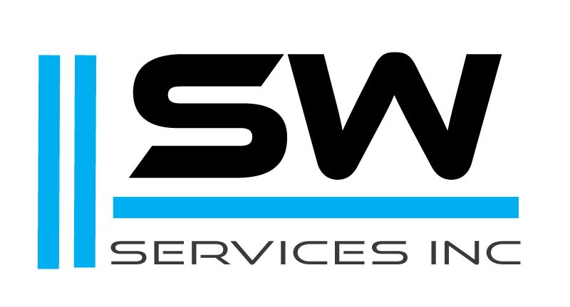 SW Services Inc logo: bold black SW lettering with blue bars.
