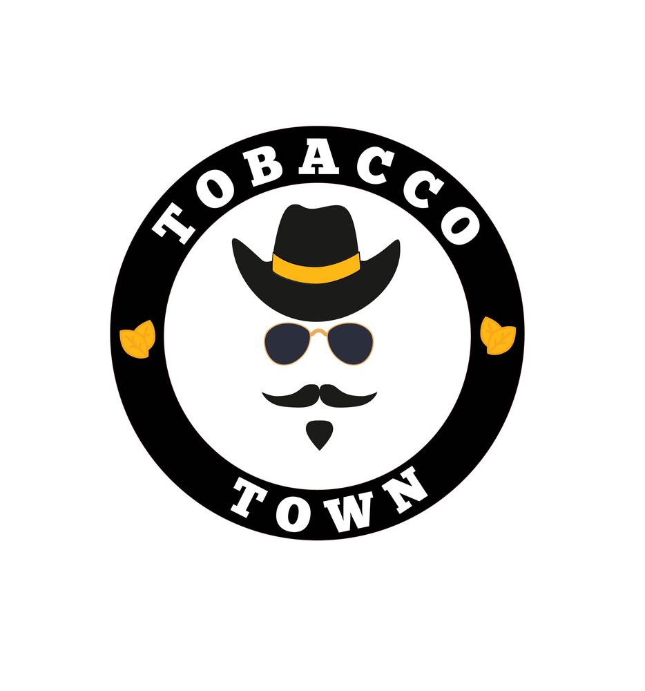 Tobacco Town logo: a black circle badge with a cowboy hat, sunglasses and moustache.