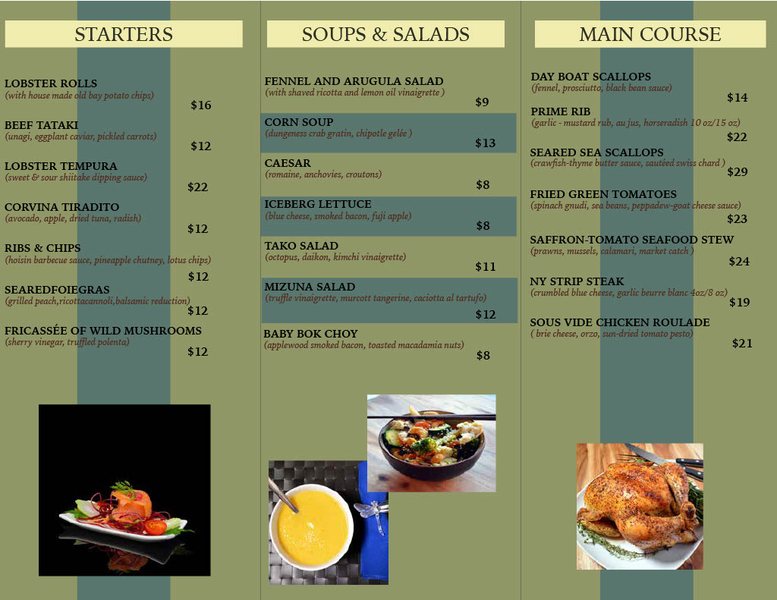 Restaurant menu in olive and cream with food photographs.