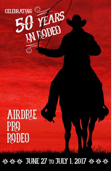 Airdrie Pro Rodeo poster, celebrating 50 years in rodeo, with a rider in silhouette on a red background.