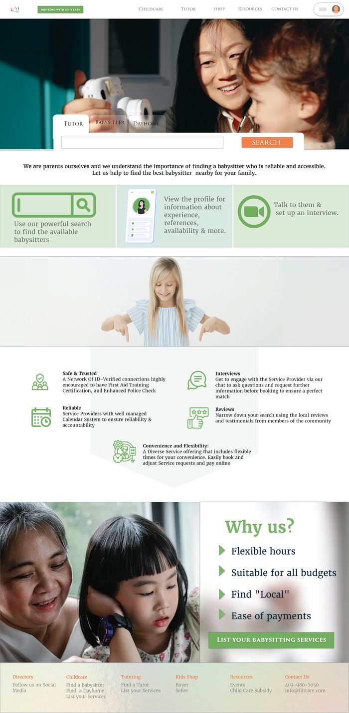 LiiT Care Connect babysitter page: a woman and child with a camera, a search box, service steps and a Why us section for babysitters.