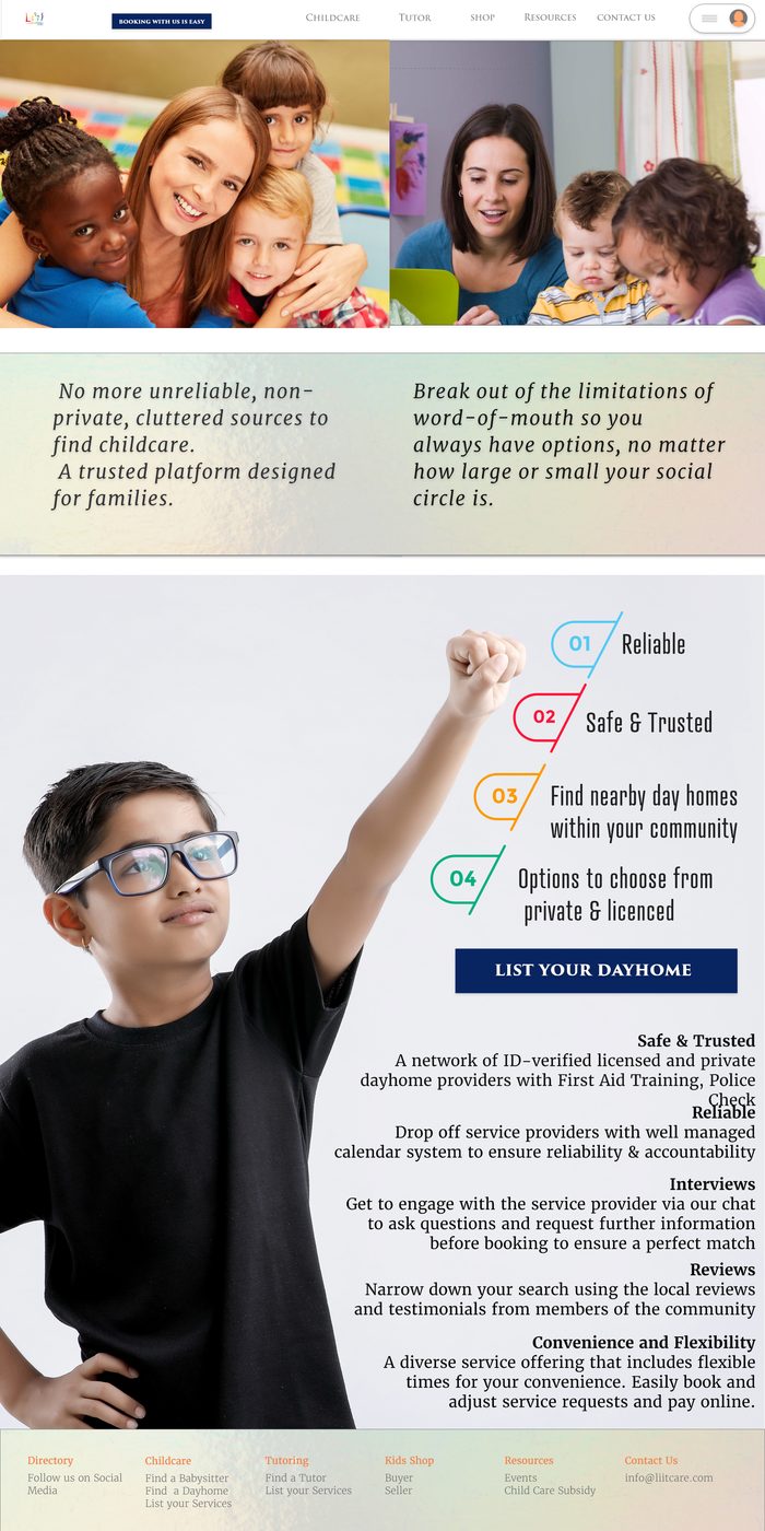 LiiT Care Connect day home page: families with children, a no more unreliable childcare message, four reasons to list your day home and a footer.