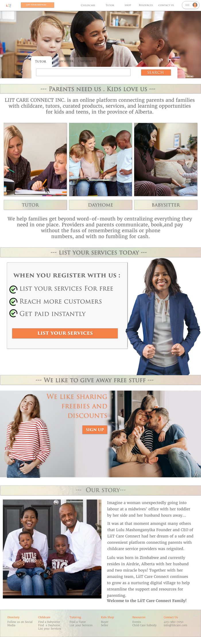 LiiT Care Connect home page: Parents need us, kids love us, with Tutor, Daymom and Babysitter cards, a list your services panel, freebies and discounts and Our Story sections.