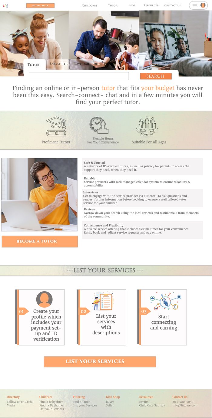 LiiT Care Connect tutor page: Find an online or in-person tutor that fits your budget, with tutoring photos, reasons to choose a tutor and a list your services section.